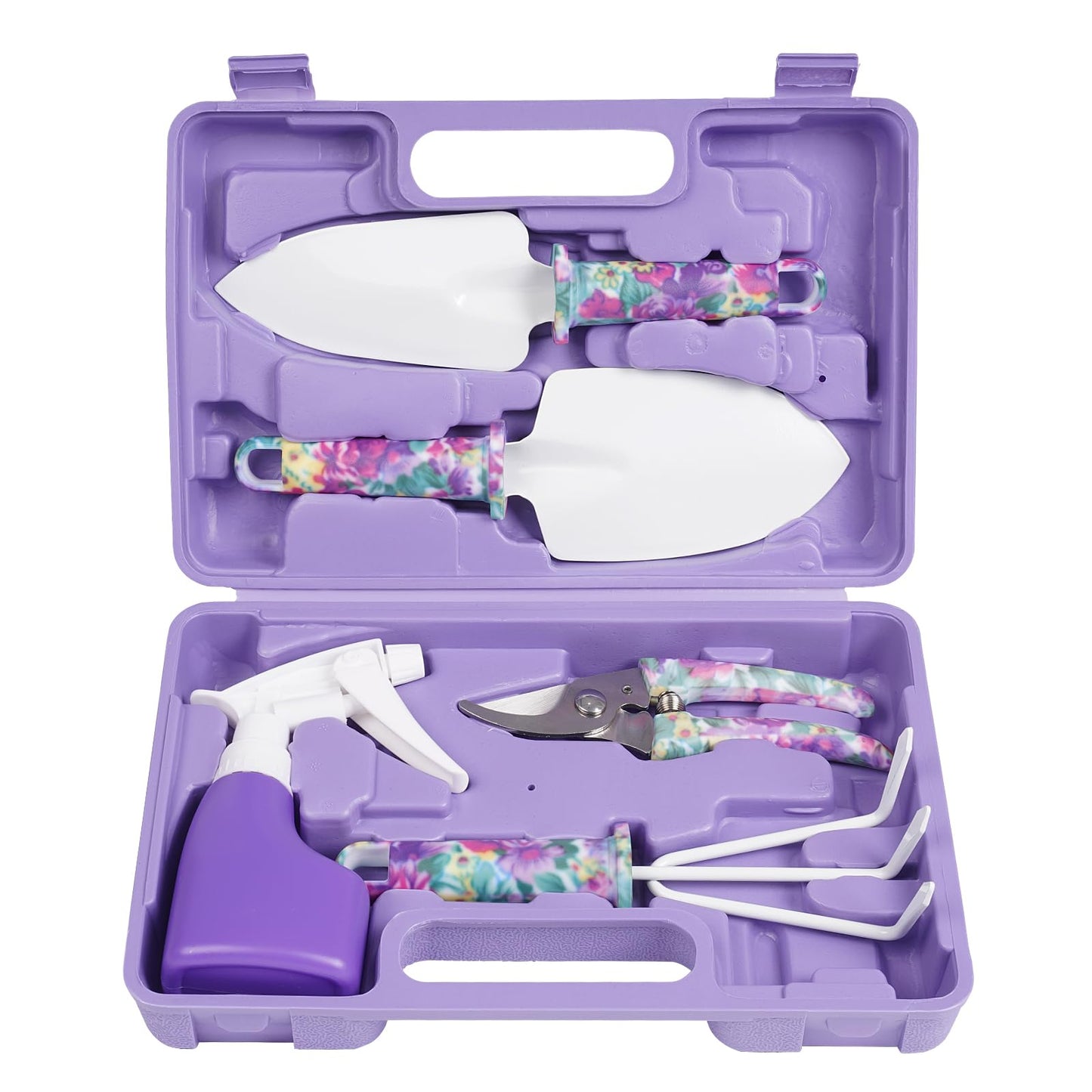 Gardening Tools,5 Pieces Garden Tools with Floral Print, Ergonomic Handle Trowel Rake Weeder Pruner Shears Sprayer,Gardening Supplies with Carrying Case Gifts for Women