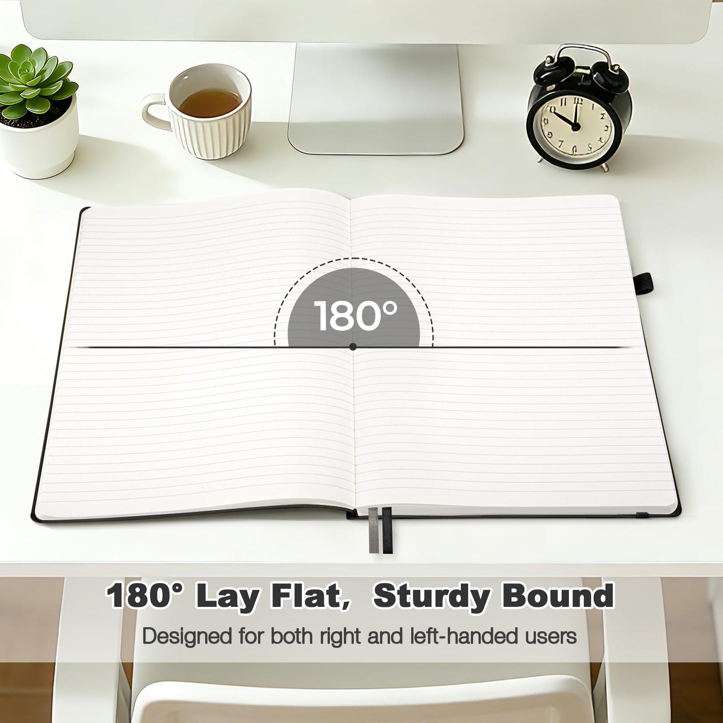 College Ruled Notebook, A4 Softcover Leather Notebook for Work, Lined Notebook Journal for Women, Men, 192 Thick Paper, Lay Flat, Large Notebook with 2 Pockets, Professional Business Notebook, Black