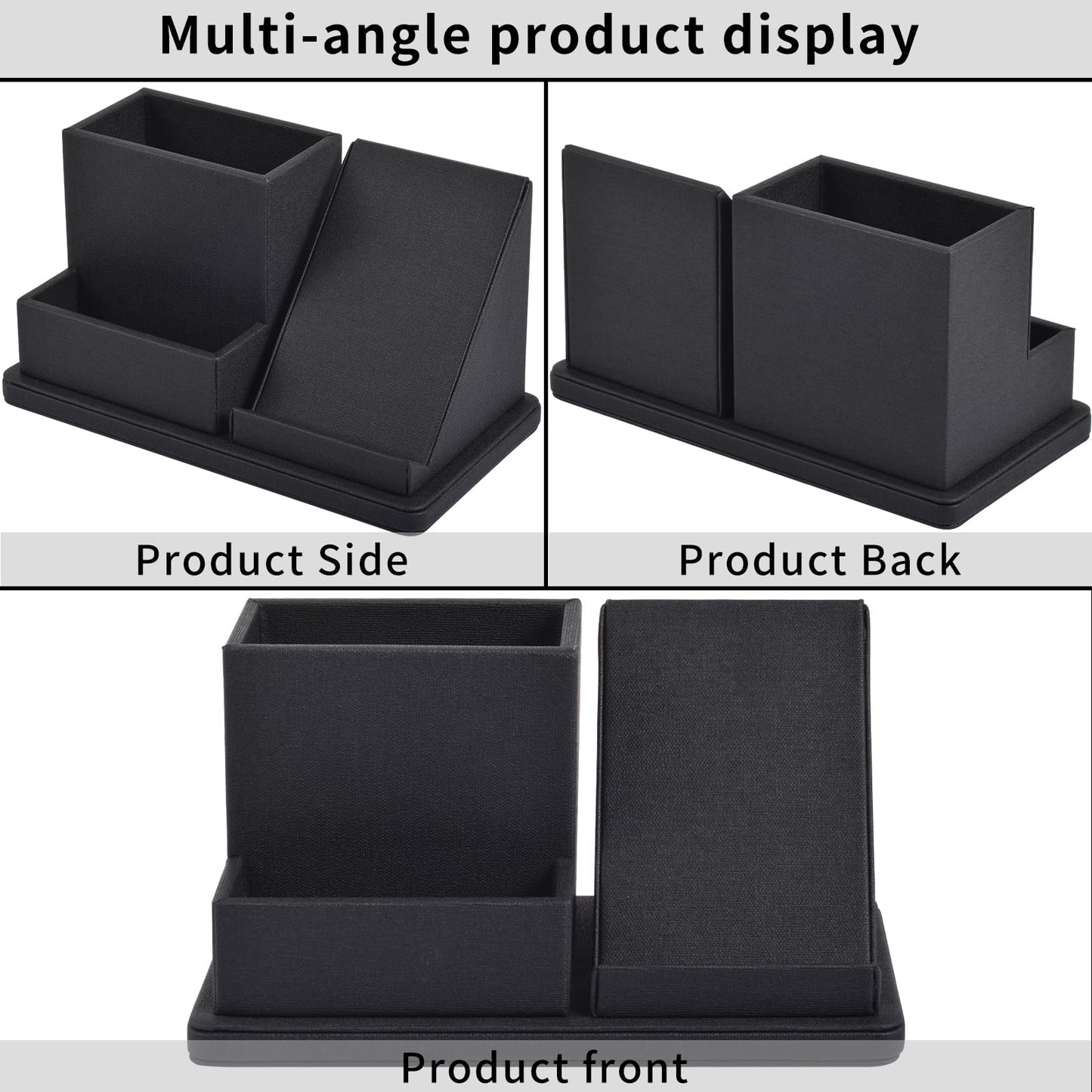 XNONE Pu Leather Desk Pen/Pencil Organizer Multi-Function Cell Phone/Remote Control Storage Box with 3 Compartments Office Supplies Sticky Note Tray Business Cards Holder,Black