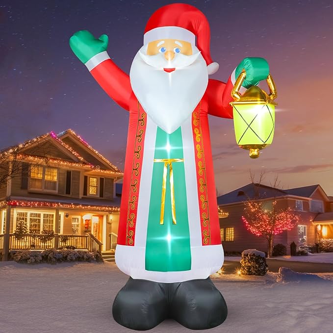 FunFanso 10 FT Christmas Inflatable Santa Claus with Lantern & Green Gloves, Xmas Blow up Outdoor Decorations, Built-in LED Lights for Yard Garden Lawn Patio Indoor Winter Holiday Home Party Decor