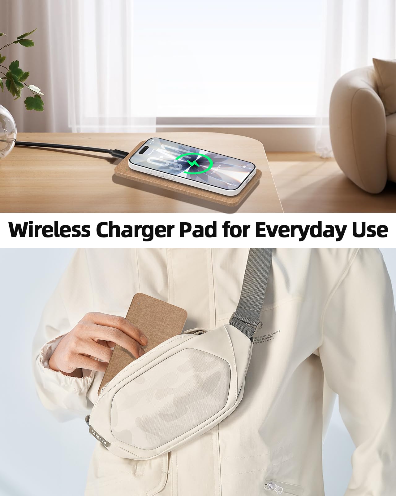 Valet Tray with Wireless Charger, Nightstand Organizer & Catchall Tray for Phone, Keys, Glasses and Accessories, Premium Linen, Stylish Desk & Bedside Storage Station