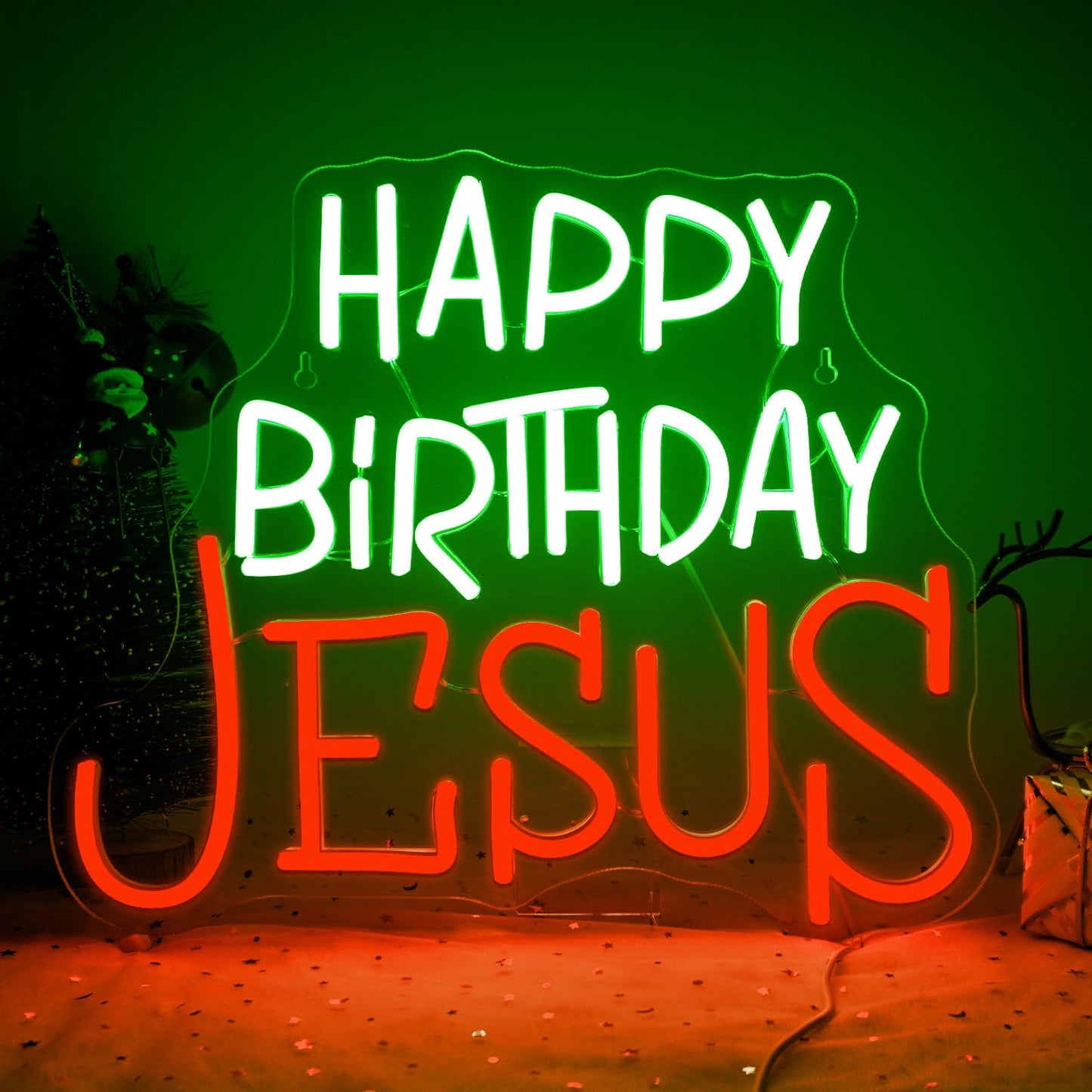 Looklight Happy Birthday Jesus Neon Sign Christmas Neon Signs for Wall Decor Red Green LED Light USB Light Up Signs for Inspirational Christian Decor for Homes Offices Churches Christmas Gifts