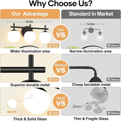 3-Light Bathroom Light Fixtures, Matte Black Vanity Lights for Bathroom with Milky White Glass Ball Shades, 18.9 inch Bathroom Lighting Fixtures Over Mirror, Wall Sconce for Bedroom (Exclude G9 Bulb)