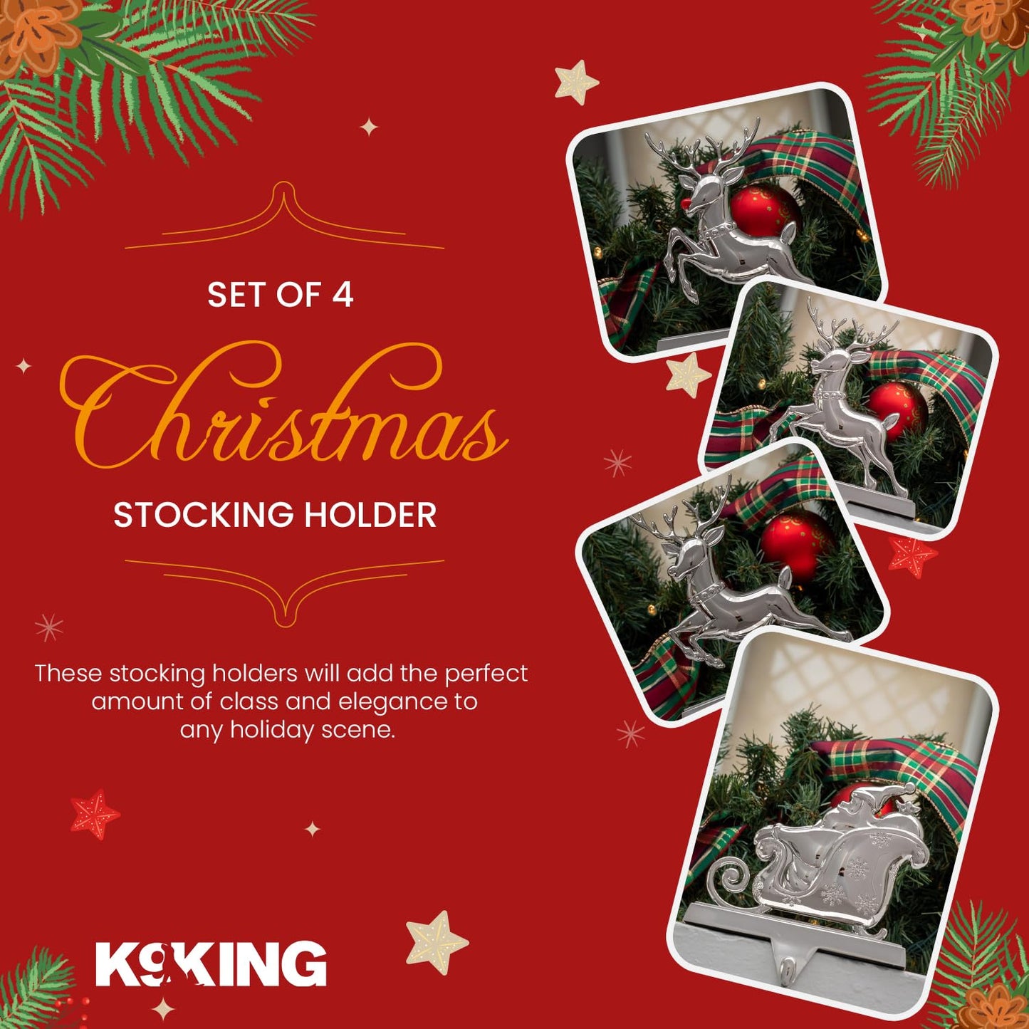 K9King Christmas Stocking Holder Set of 4 - Santa’s Sleigh Rudolph The Red Nose Reindeer Christmas Decorations Decorative Metal Hanger for Stockings Holiday Mantle Decor