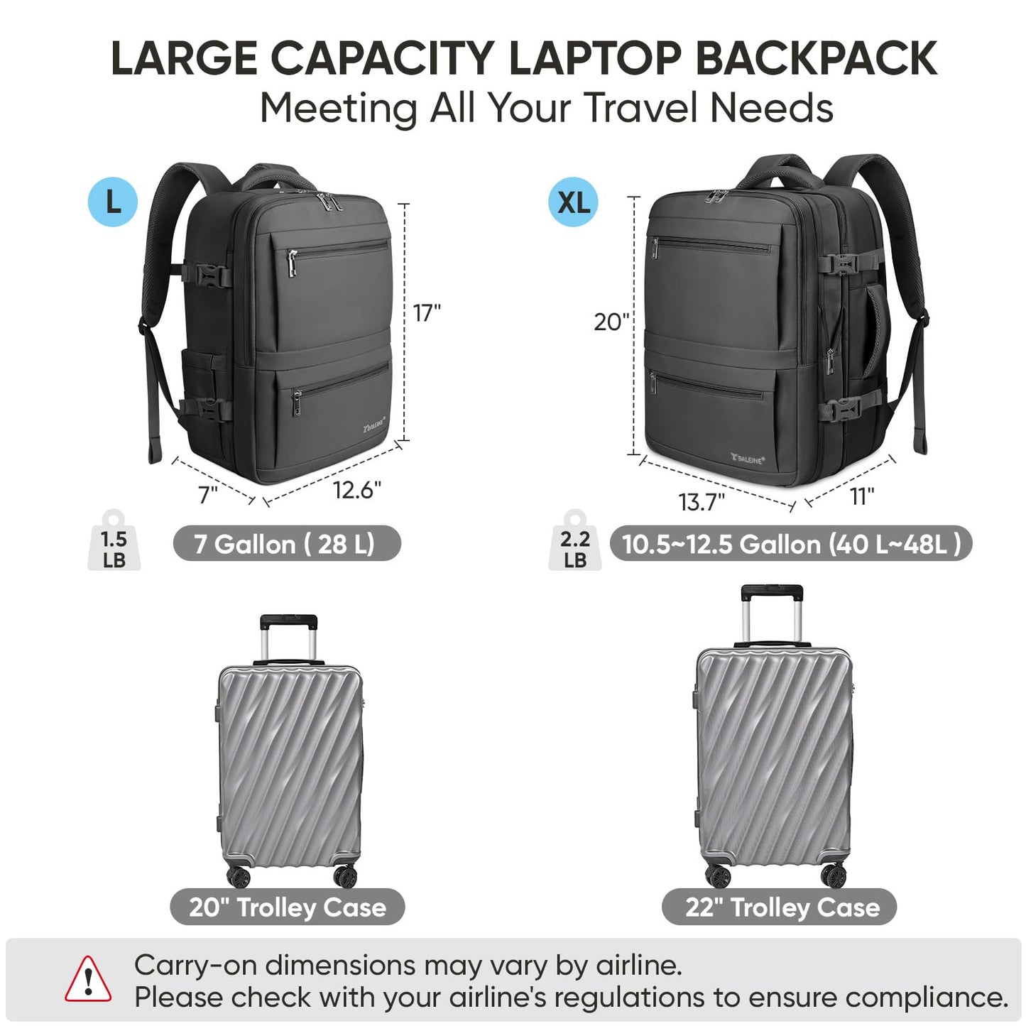 BALEINE Travel Backpack for Women Men, Large Sturdy Carry On Laptop Backpack Gifts for Business, Casual, Weekender, Hiking (Large, Black)
