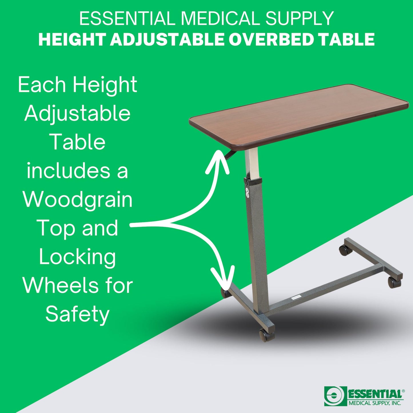 Essential Medical Supply Height Adjustable Automatic Overbed Table - Woodgrain Top with Locking Wheels, Perfect for Hospital and Home Use - Table for Easy Access and Convenience for Adults and Seniors