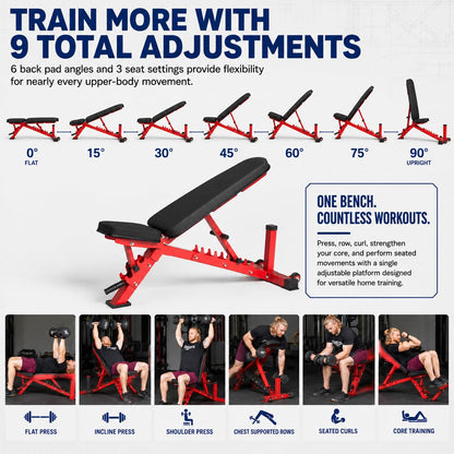 REP AB-3100 Adjustable Bench | Red Weight Bench for Home Gym | Foldable FID Design | Flat Incline Decline Strength Training Equipment | Compact Workout Chair