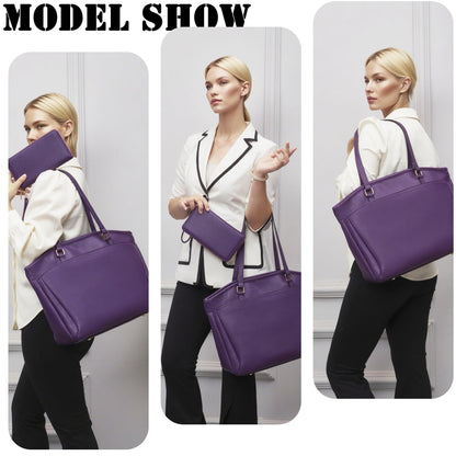 YZAOLL 15.6 Inch Laptop Tote Bag for Women,Water-resistant Vegan Leather with Anti-Scratch Padded Sleeve,Lightweight Multi-Pocket Work Bag for Business Travel,College,Office Essentials,Purple