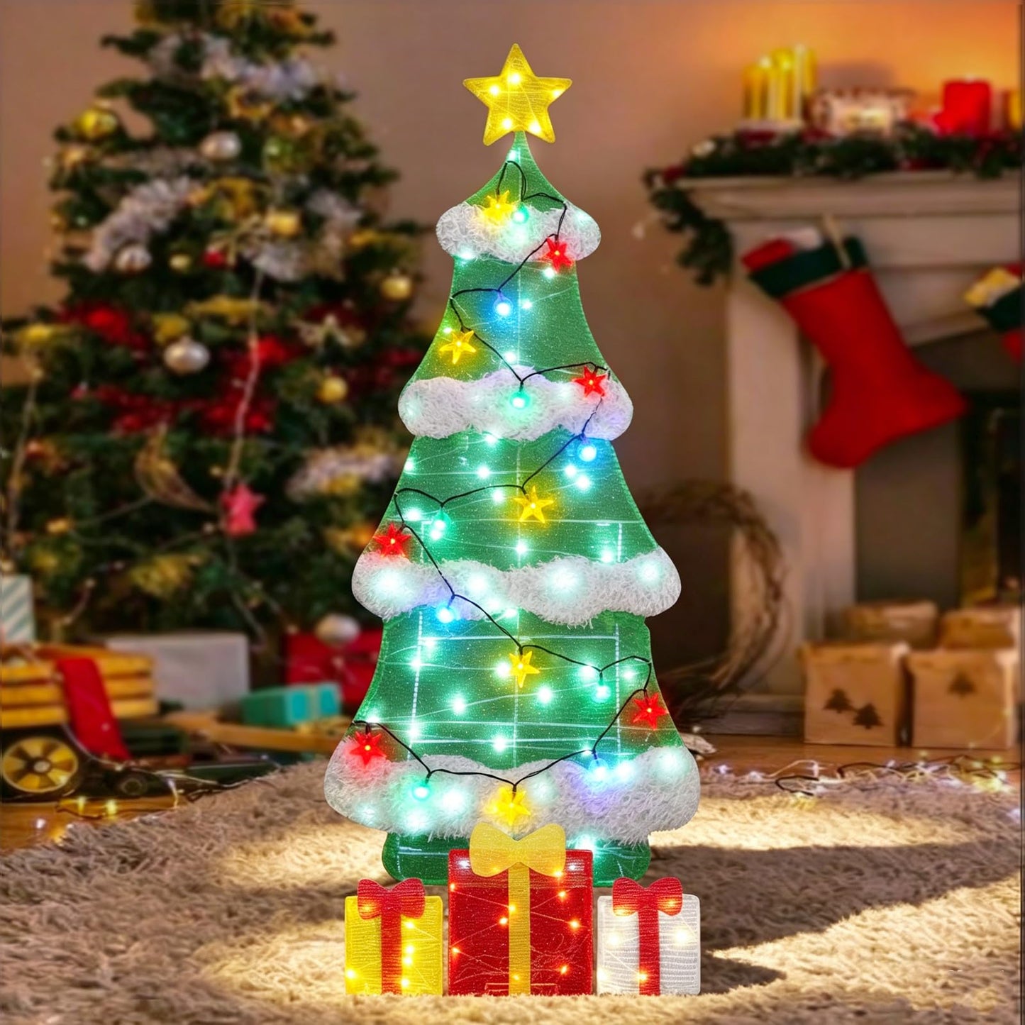 3ft 2D Christmas Tree Outdoor Decorations with 100 Twinkling LED Lights, 8 Light Modes, Large Holiday Yard Ornament for Patio, Lawn, Home（Sphere+Star）