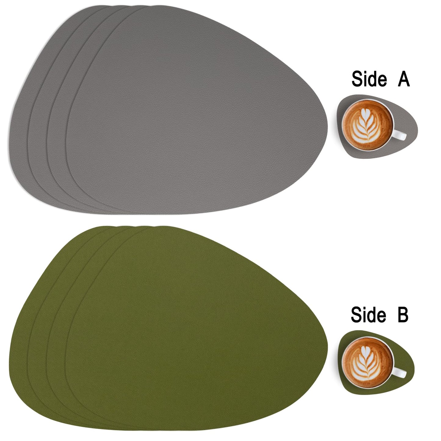Myir JUN Placemats, Dual-Sided Placemats Waterproof Faux Leather Placemats Set of 6 Place Mats and Coasters Non-Slip Washable Table Mats for Dining Table (Gray Green, Set of 6)