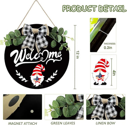 Interchangeable Welcome Sign for Front Door - 12 Inches Seasonal Gnome Decor - Wooden 4th of july Decorations for Home Classroom - Summer Wreath House Warming Gifts New Home
