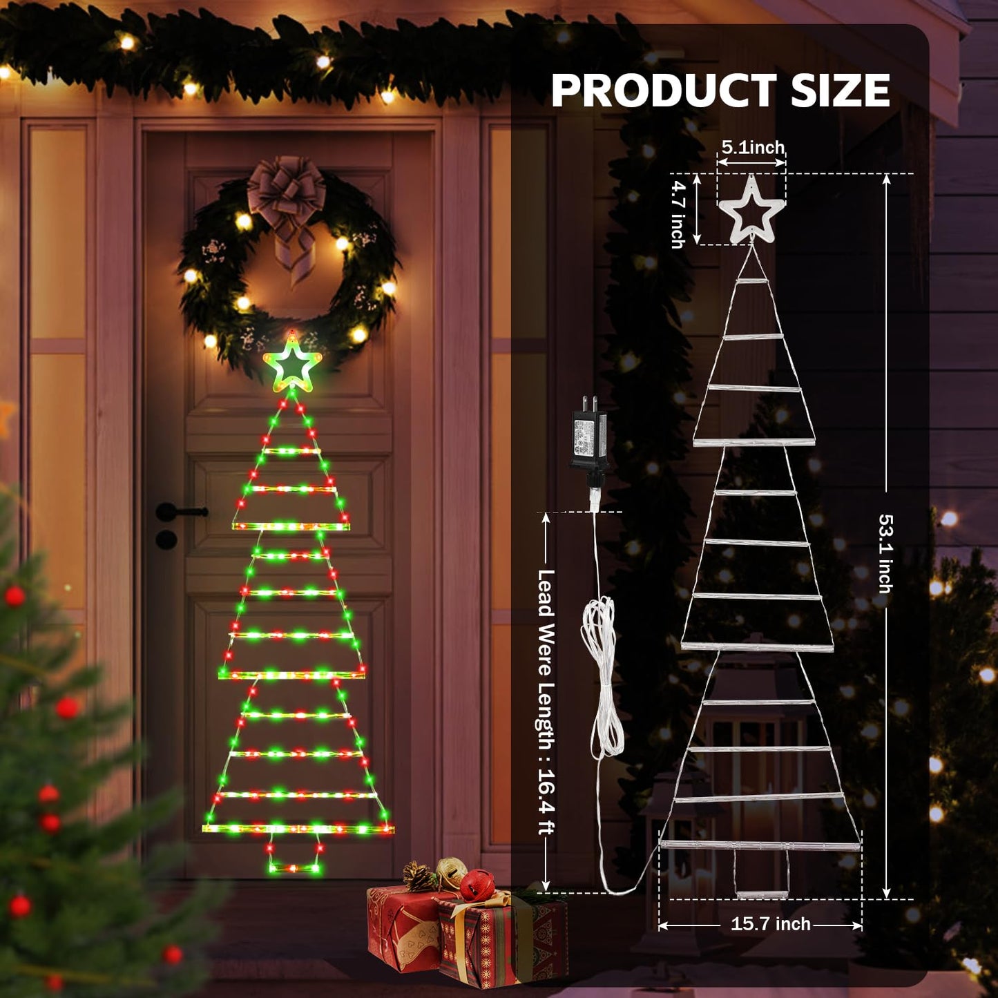 PUHONG (New) Christmas Ladder Lights, 4.6ft Christmas Decorations with Star Topper, Xmas Hanging Ornament with 8 Light Modes, LED Indoor String Lights for Doors, Walls and Windows - Red&Green