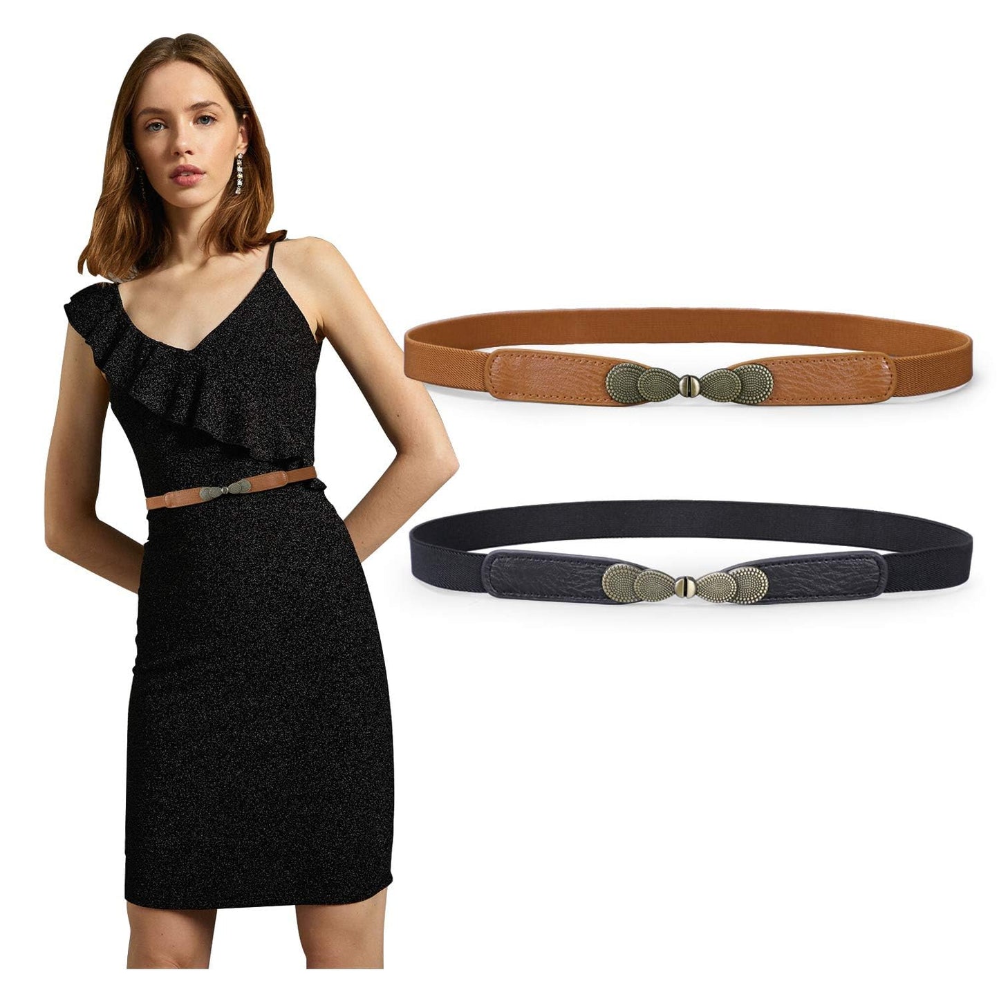 JASGOOD Women Skinny Elastic Stretch Belts for Dresses Retro Ladies Waist Vintage Thin Belts 2 Pack, Brown+ Black