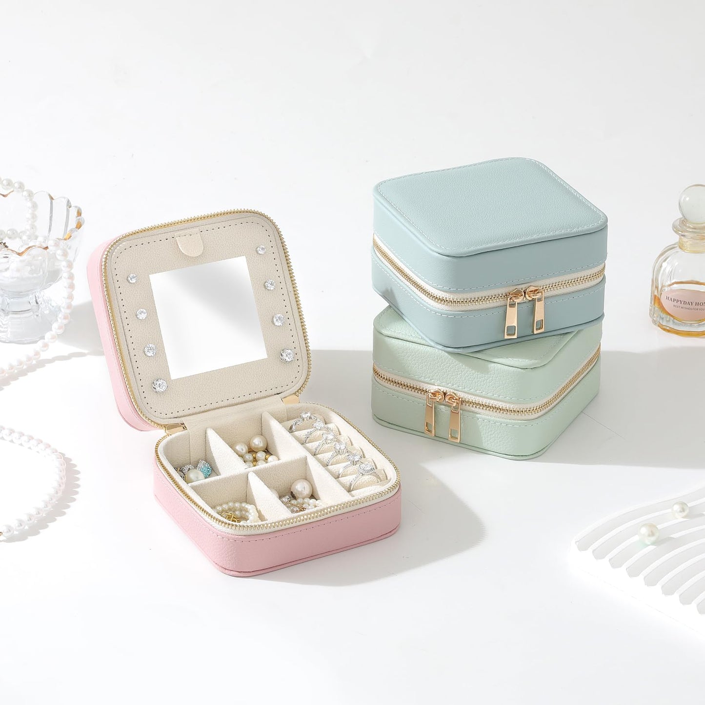 NGVRC Genuine Leather Travel Jewelry Organizer Case with Mirror for Women, Small Mini Portable Jewelry Box for Ring Earrings Necklace Bracelet Luxury Gift for Women（Mint Green）