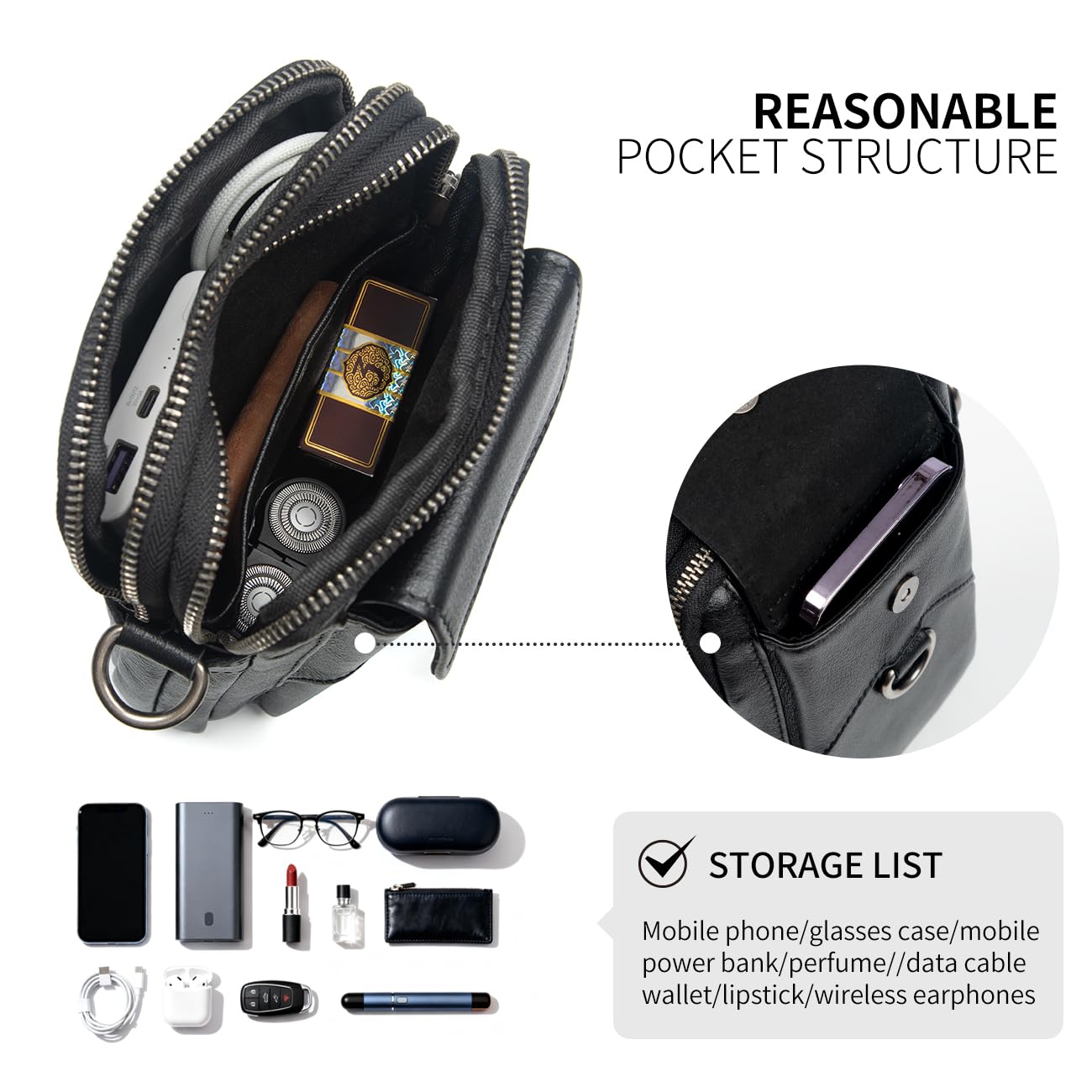 Augus Genuine Leather Small Crossbody Bag Cell Phone Messenger Purse Shoulder Handbag for Daily Use for Women and Men (Black-1)