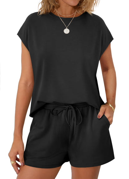 WIHOLL Two Piece Sets for Women Summer Date Outfits 2025 Spring Break Vacation Trendy Lounge Sets Crewneck Matching Sets Women's Clothing Cap Sleeve Pants Cruise Travel Airport Sweat Set Black L