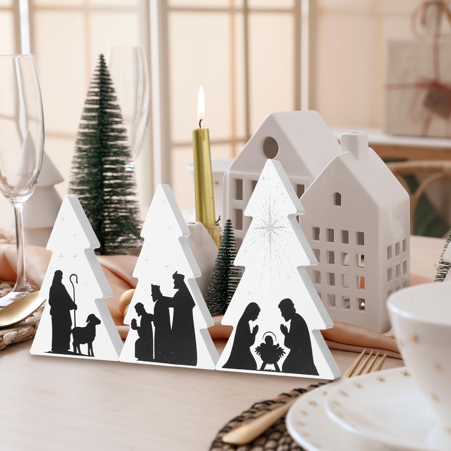 Chunful 3 Pcs Jesus Nativity Wooden Decor Black White Wood Centerpiece Christmas Table Sign Rustic Wood Tree Nativity Scene for Christmas Home Tabletop Mantel Fireplace Party Decoration