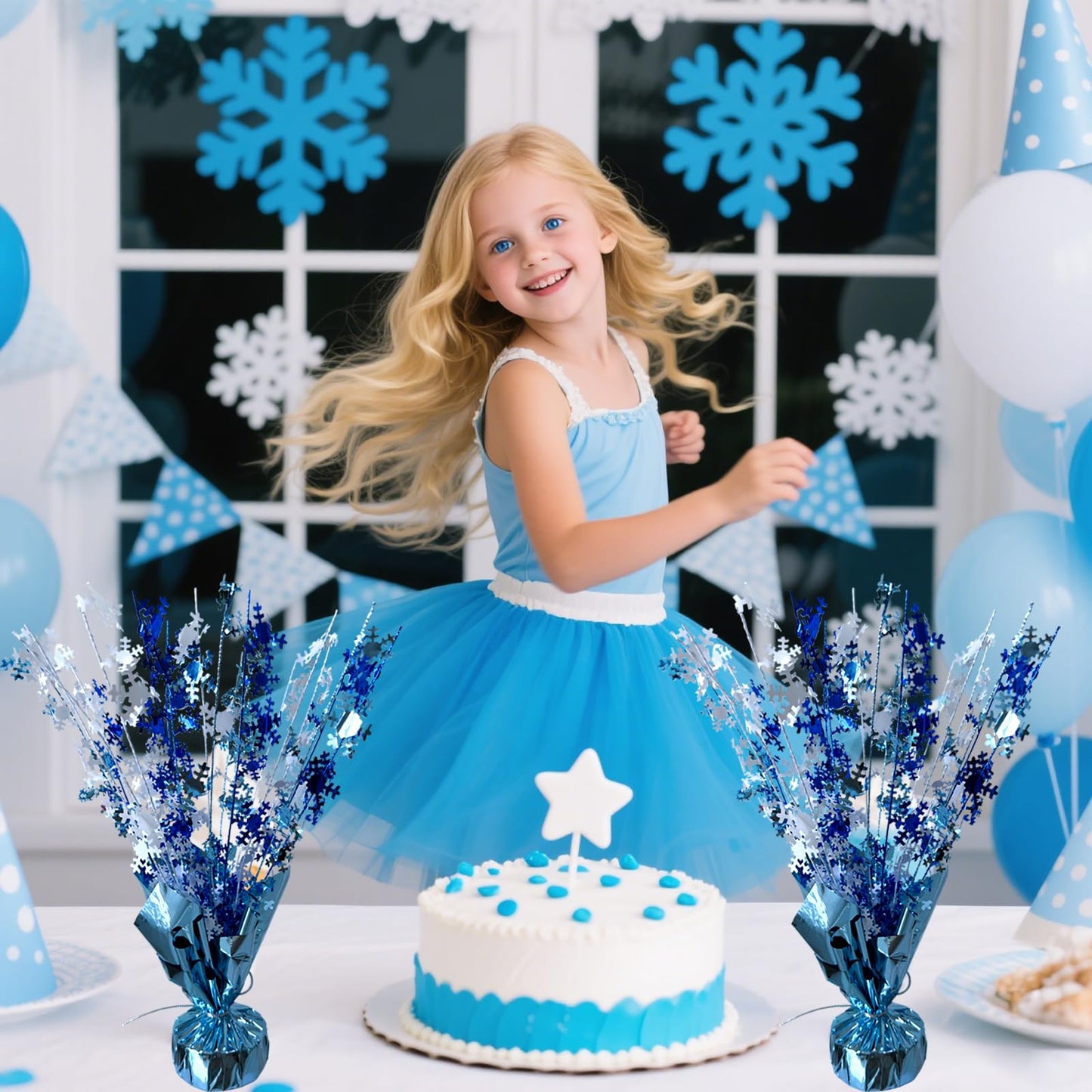 FUBININA 6 Pack Winter Wonderland Snowflake Table Decoration Metallic Blue White Glitter Foil Spray Tabletop Centerpieces for Winter Christmas Xmas Frozen Birthday Wedding Baby Party Supplies Decor
