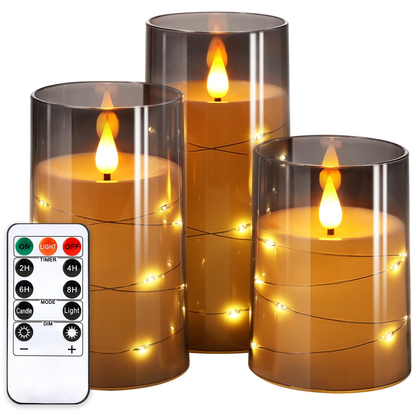 NURADA Flickering Flameless Candles: Built-in Star String Lights 3D Wick Acrylic Battery Operated LED Pillar Candles with Remote and Timer for Fall Halloween Christmas Home Decoration - 3 Pack Gray