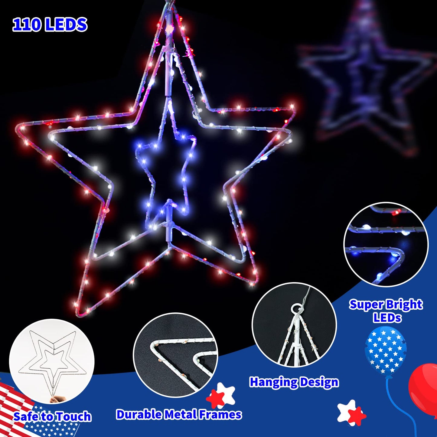 DANLI 4th of July Lights 14.2'' 110 LED Red White Blue Rotatable Iron Frame 3 in 1 Star Lights,8 Modes USB Window Silhouette Lights for Indoor Outdoor Decor(2 Packs)