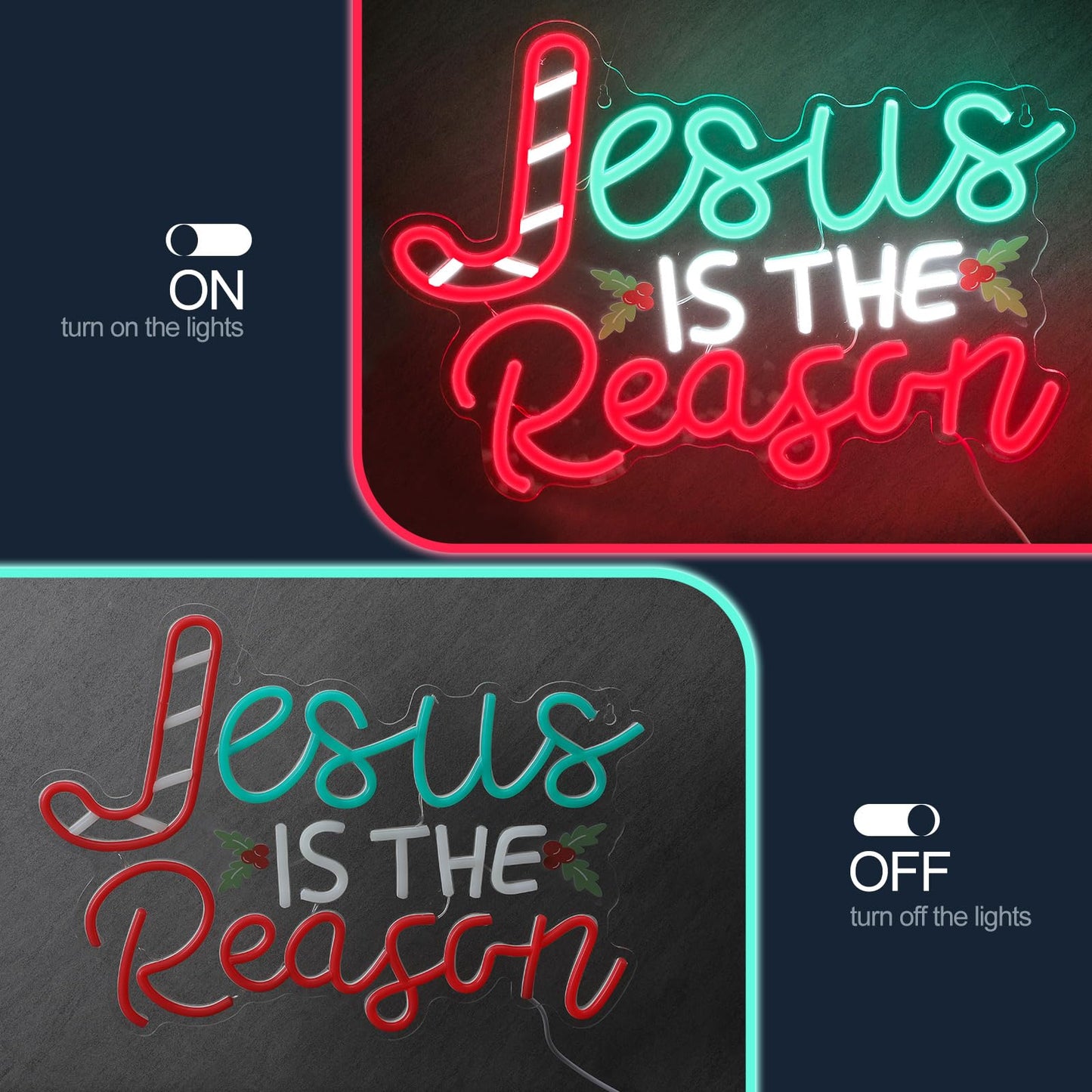 Huquary Jesus Is the Reason Neon Sign Christmas LED Sign Lighted Wall Art Decoration Neon Light USB Powered for Ceremony Party Bar Home Birthday Bible Church Decor Gift(Classic)