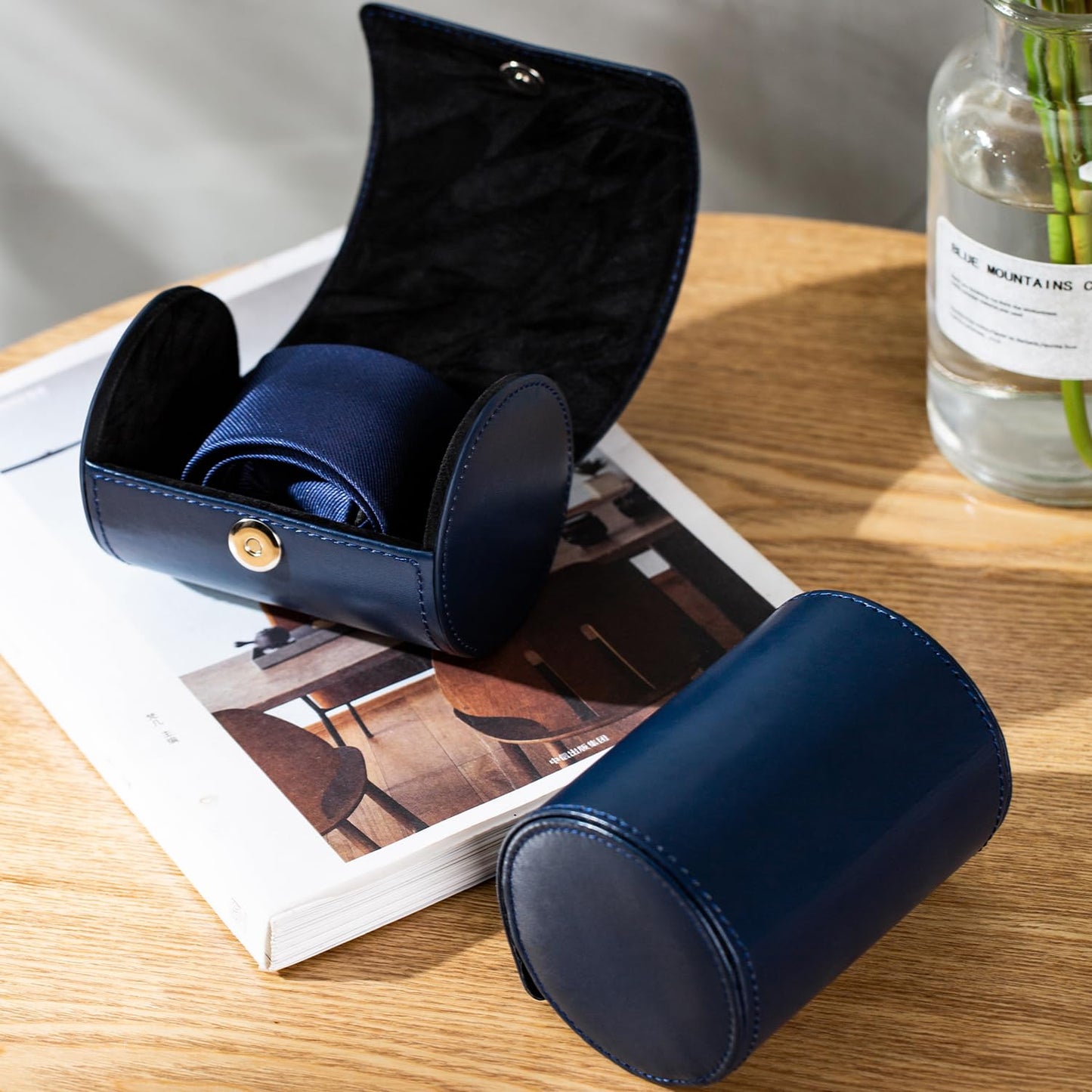Tie Box for Men 's PU Ties case Necktie Organize Cylinder Leather Men’s Storage Portable Tie Roll for Travel Business Gifts (Dark Blue)