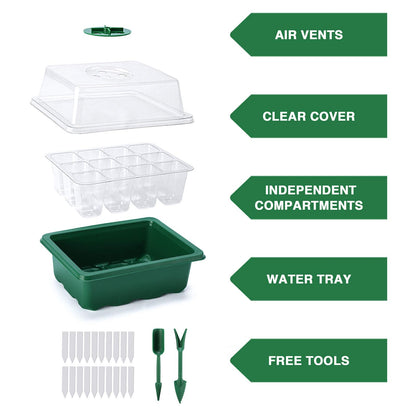 Delxo 10-Pack Seed Starter Kit Seedling Starter Tray (12 Cells) Humidity Adjustable Plant Germination Kit Garden Seed Starting Tray with Dome and Green Base Plus Plant Tags Hand Tool Kit