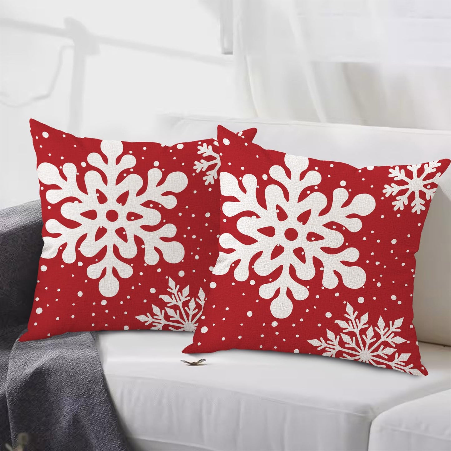 Gujiahone Green Christmas Pillow Covers 18x18 Inch Set of 2 Snowflakes Linen Square Winter Holiday Decoration Cushion Case for Sofa Couch Bed Living Room (Red)