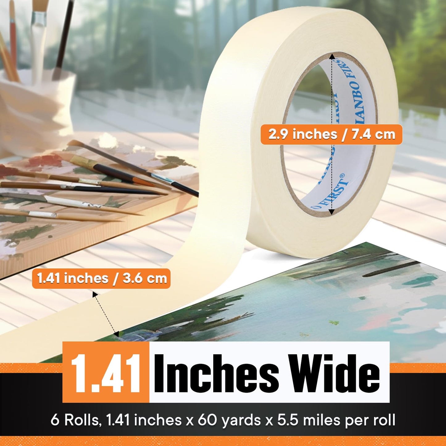 TIANBO FIRST Masking Tape 1.41 Inch Wide Thin Beige White Painters Masking Tape Bulk for Painting Home Office School Stationery, 1.41 Inches x 60 Yards, 6 Rolls