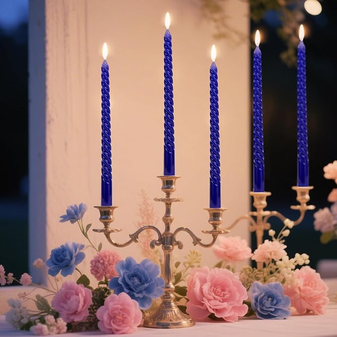 Tobeape Blue Twisted Taper Candles Set of 12, 10 Inch Tall Unscented Dripless, Smokeless Spiral Tapered Candlestick for Wedding Home Décor Dinner Hanukkah - 8 Hour Long Burning