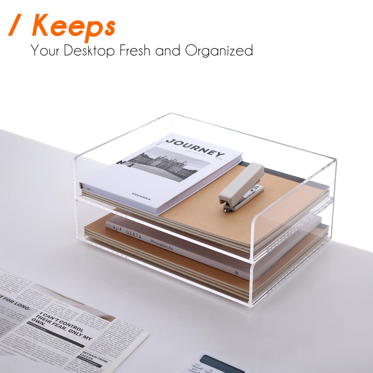HeZone Paper Organizer, 2 Tier Stackable A4 Size Acrylic Letter Tray, Office/Home/School Organization - Clear