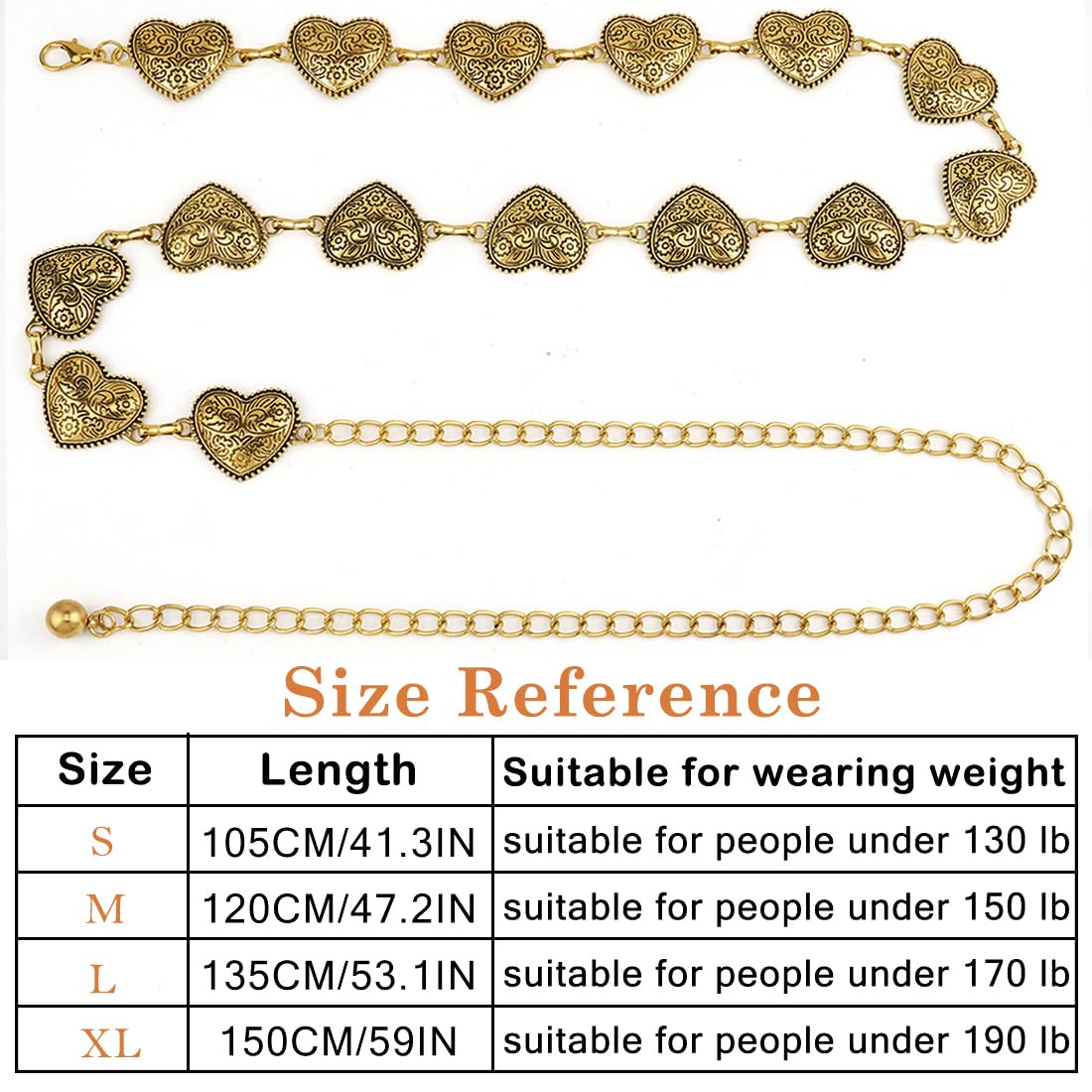 Heyjoin Women Concho Chain Belt Western Cowgirl Waist Chain Adjustable Metal Link (Love Bronze-XL)