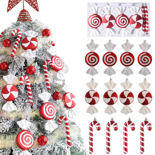 12 Pcs Candy Cane Ornaments for Christmas Tree - 6.5 Inch Red & White Assorted Shape Lollipop Hanging Decor with Ribbon for Sweet - Themed Xmas & New Year Party, Home Holiday Decorations