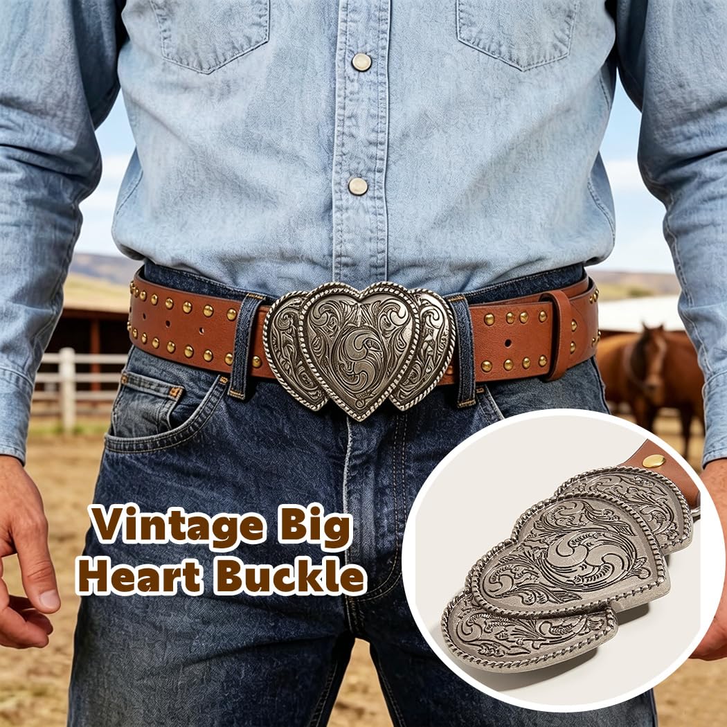 Tgirls Western Leather Belts for Women Men Heart Buckle Vintage Belt for Jeans Dress Cowgirl Cowboy Waist Belts (Brown)