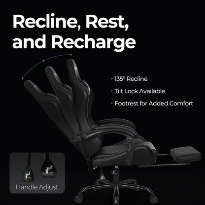 N-GEN Video Gaming Chair with Footrest High Back Ergonomic Comfortable Office Computer Desk with Lumbar Support Height Adjustable with PU Leather Recliner for Adults Women Men (Black)