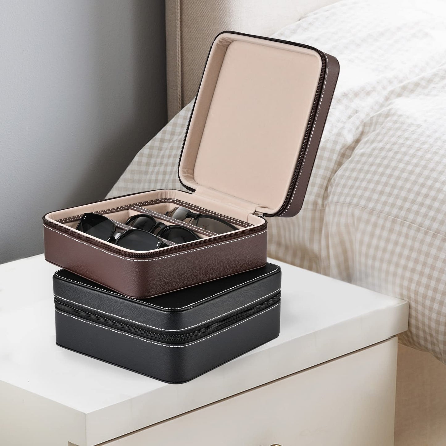 ROSELLE Eyewear Travel Case for women men, Luxury leather 3-Slot Eyeglasses Storage Box for Multiple Glasses and Sunglasses (Coffee)