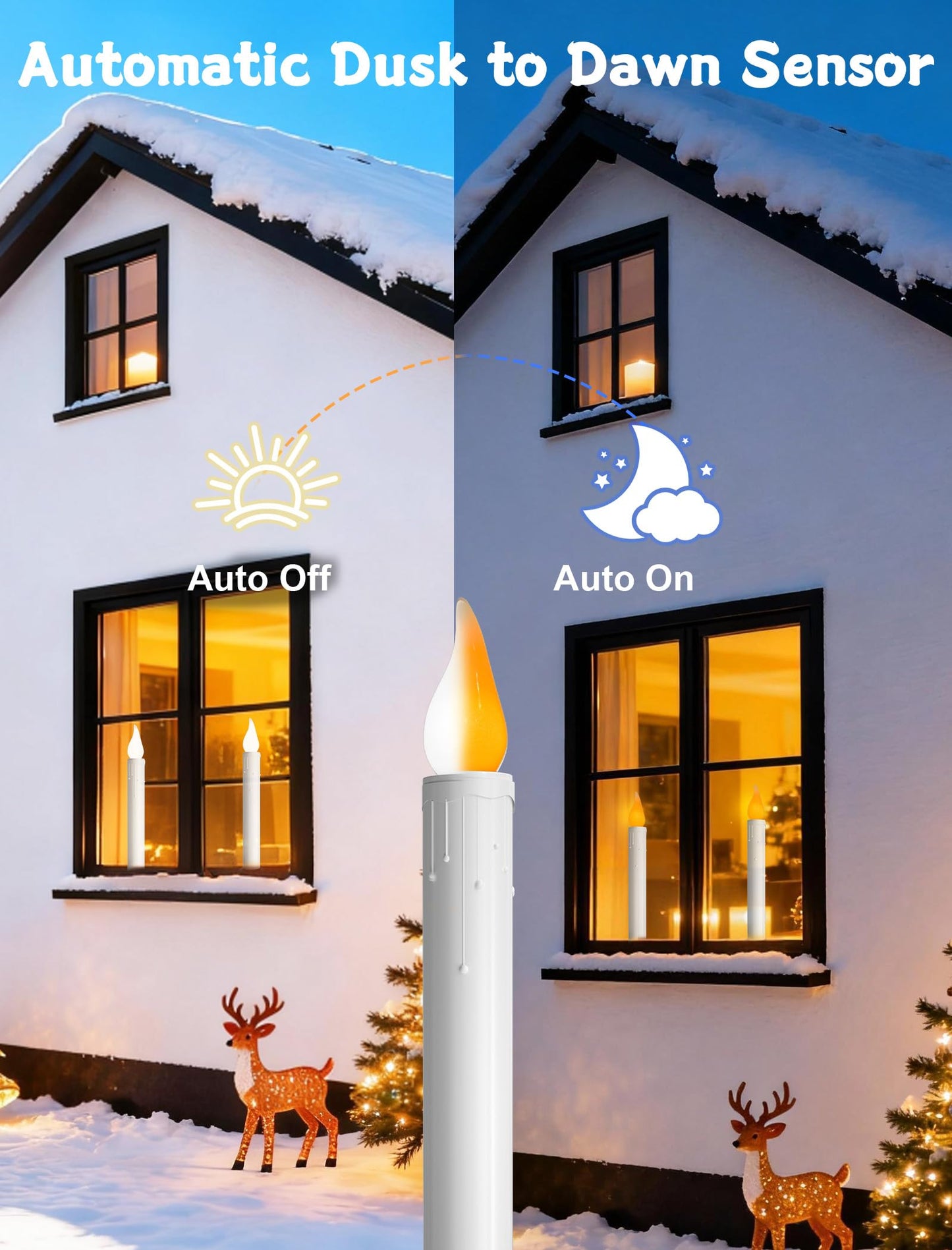 4 Pack Christmas LED Candle Lamps with Sensor, 10Inch Battery Operated Window Candles with Flickering Flame for Indoor Bedroom Christmas Decoration with Bronze Plated Holder