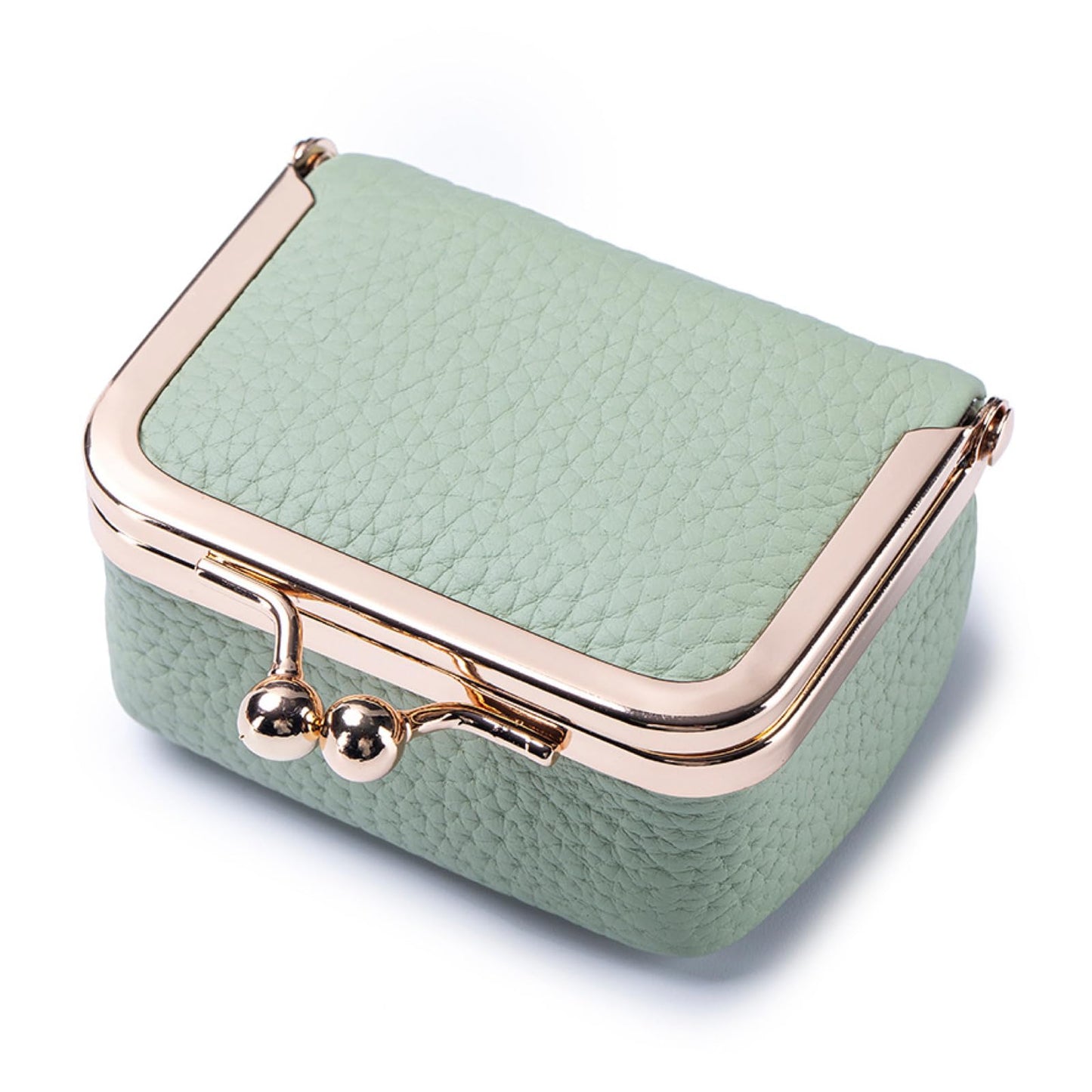 Small Travel Jewelry Box, Genuine Leather Mini Kiss-Lock Coin Purse Organizer, Portable Jewelry Storage for Women (Green, L)