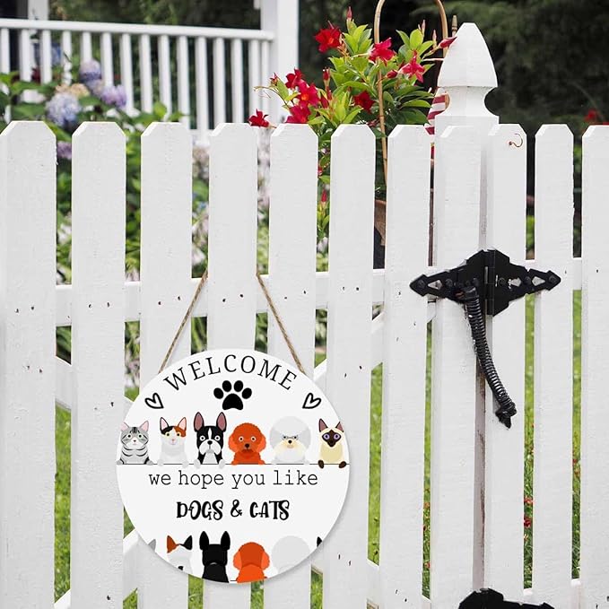 Welcome Front Door Sign Decor We Hope You Like Dogs & Cats 12in Wooden Hanging Plaque Sign for Porch Yard