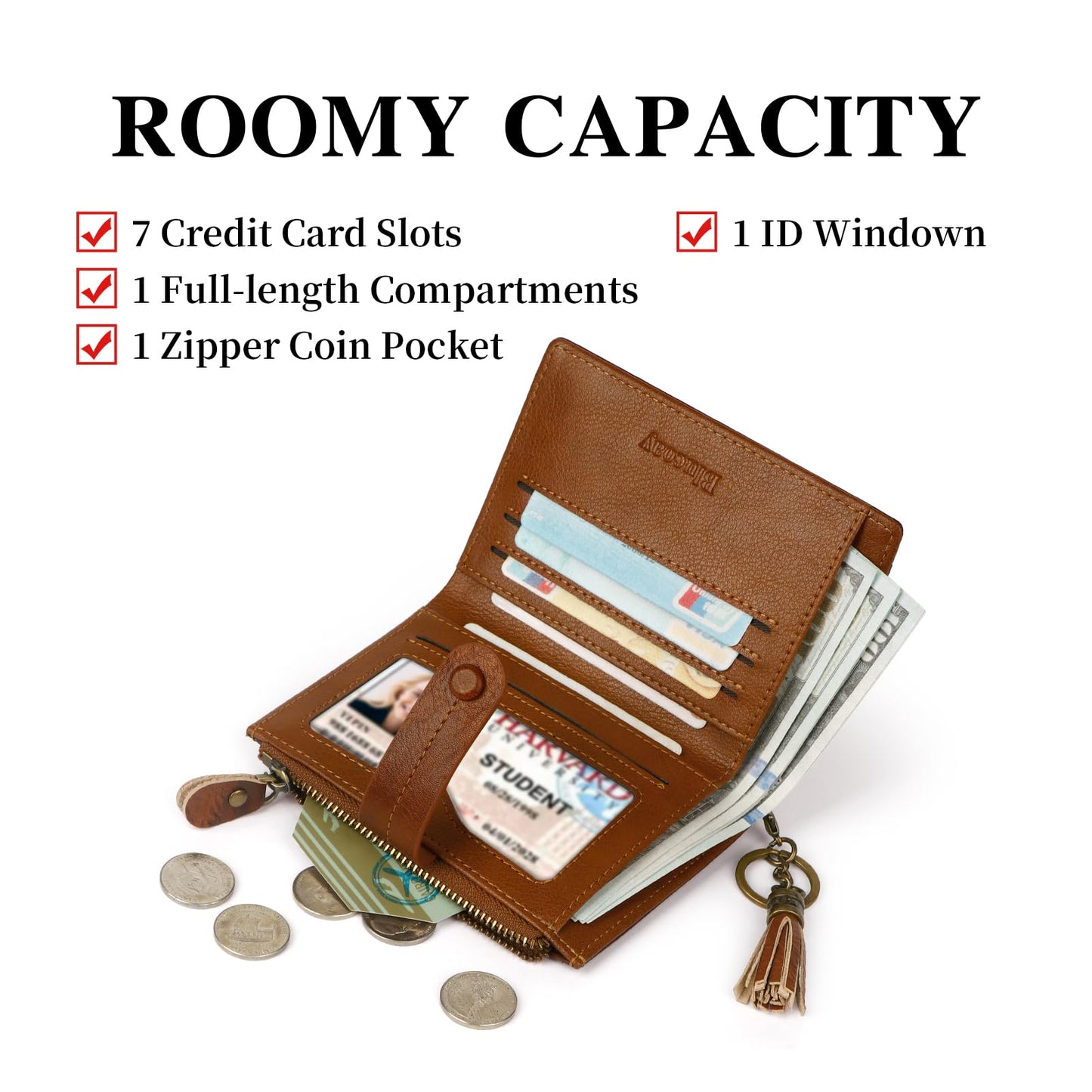 Blucoay Leather Wallet Women,RFID Blocking Small Wallets for Women Compact Bifold Slim Wallet Card Holder With Zipper Coin Pocket Brown