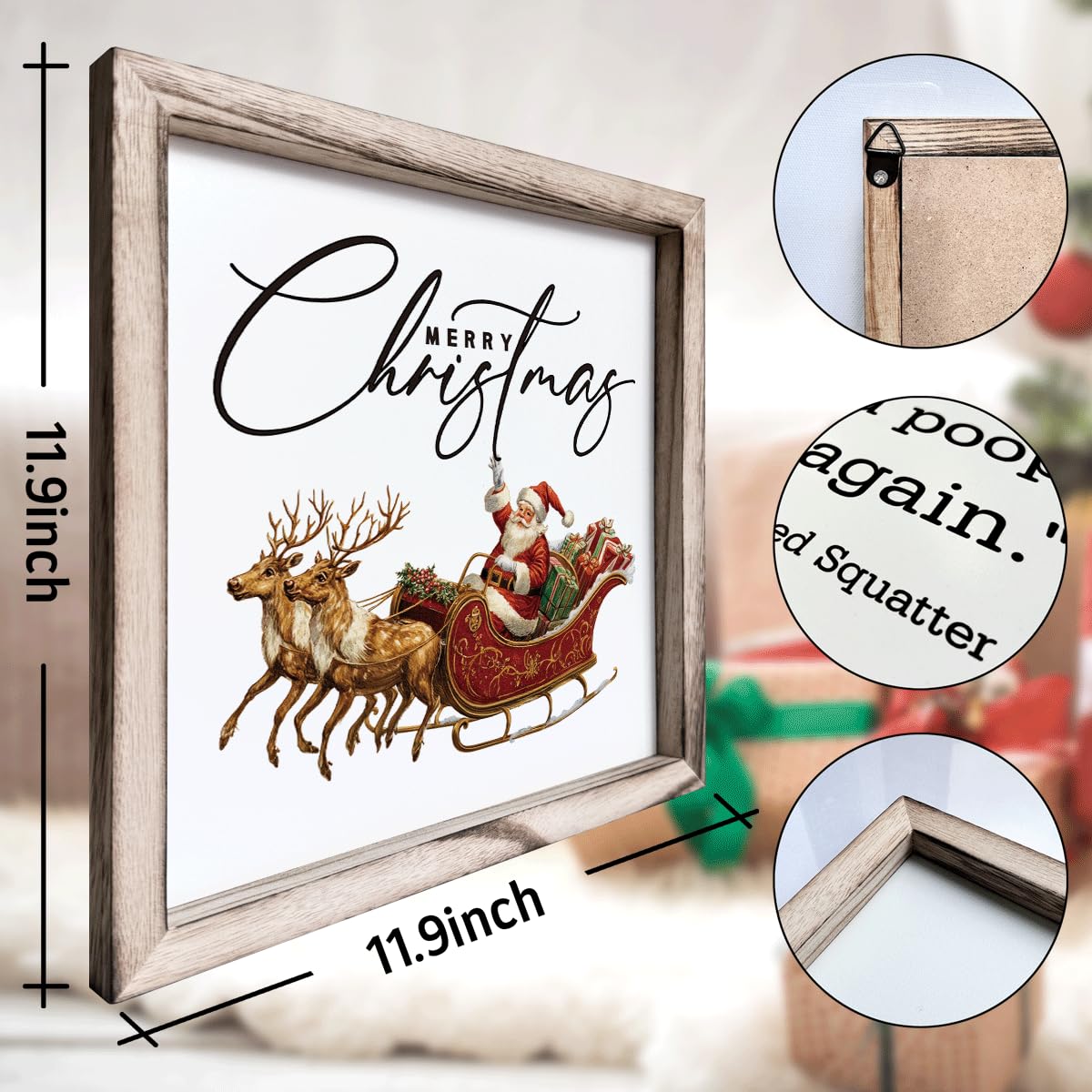Christmas Wall Decor, Merry Christmas Santa Sleigh Wall Sign, Decorative Wooden Frame Decor, Farmhouse Holiday Art for Living Room Entryway, Framed MDF Hanging Decoration