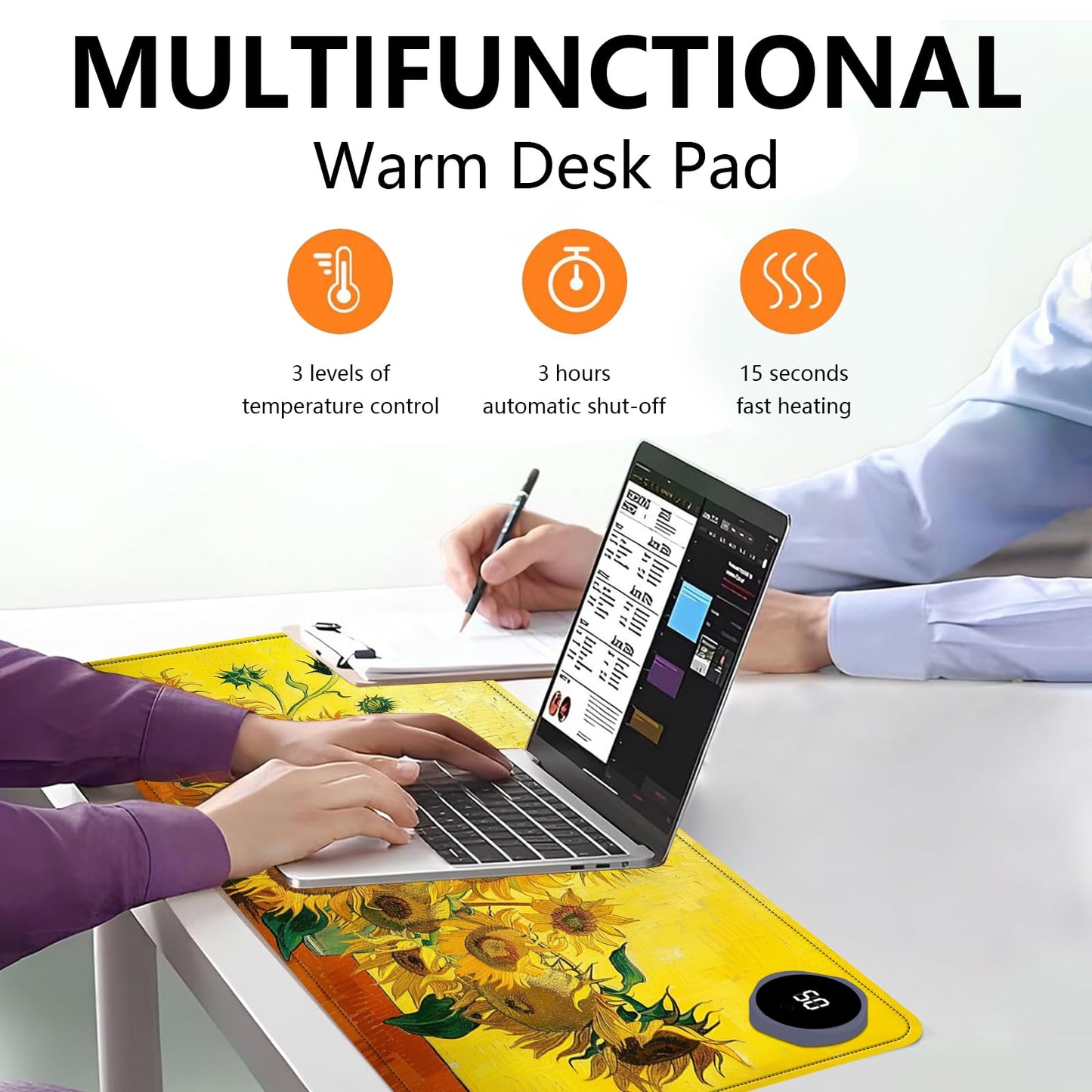 Heated Mouse Pad with 3 Levels Heated & 3 Hours Auto Shut-Off Mouse Pad for Warming Hands in Office Home, 31.5" x 13"Large Safe Desk Mat Hand Warmer，Sunflowers