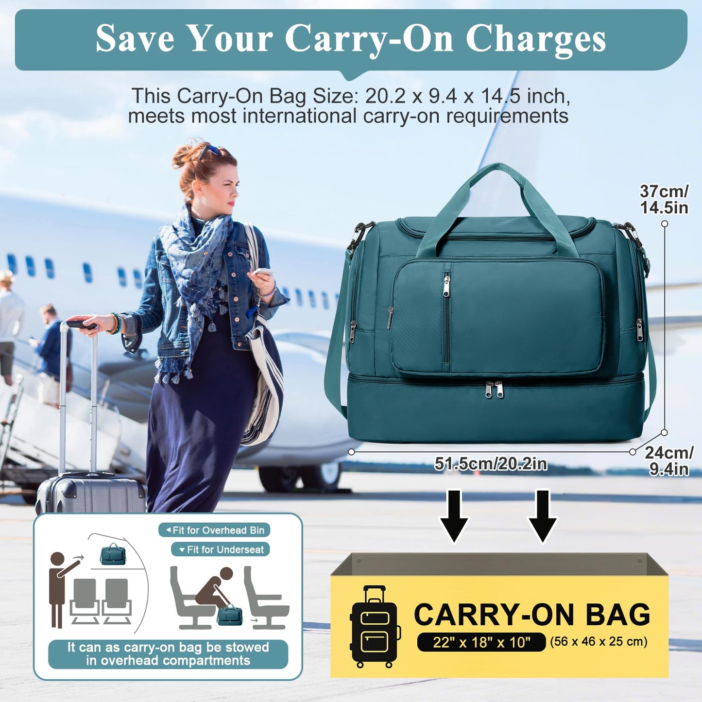 Travel Duffle Bag, Weekender Bags for Women,Carry On Overnight Personal Item Travel Bag with Shoes Compartment,Peacock Blue