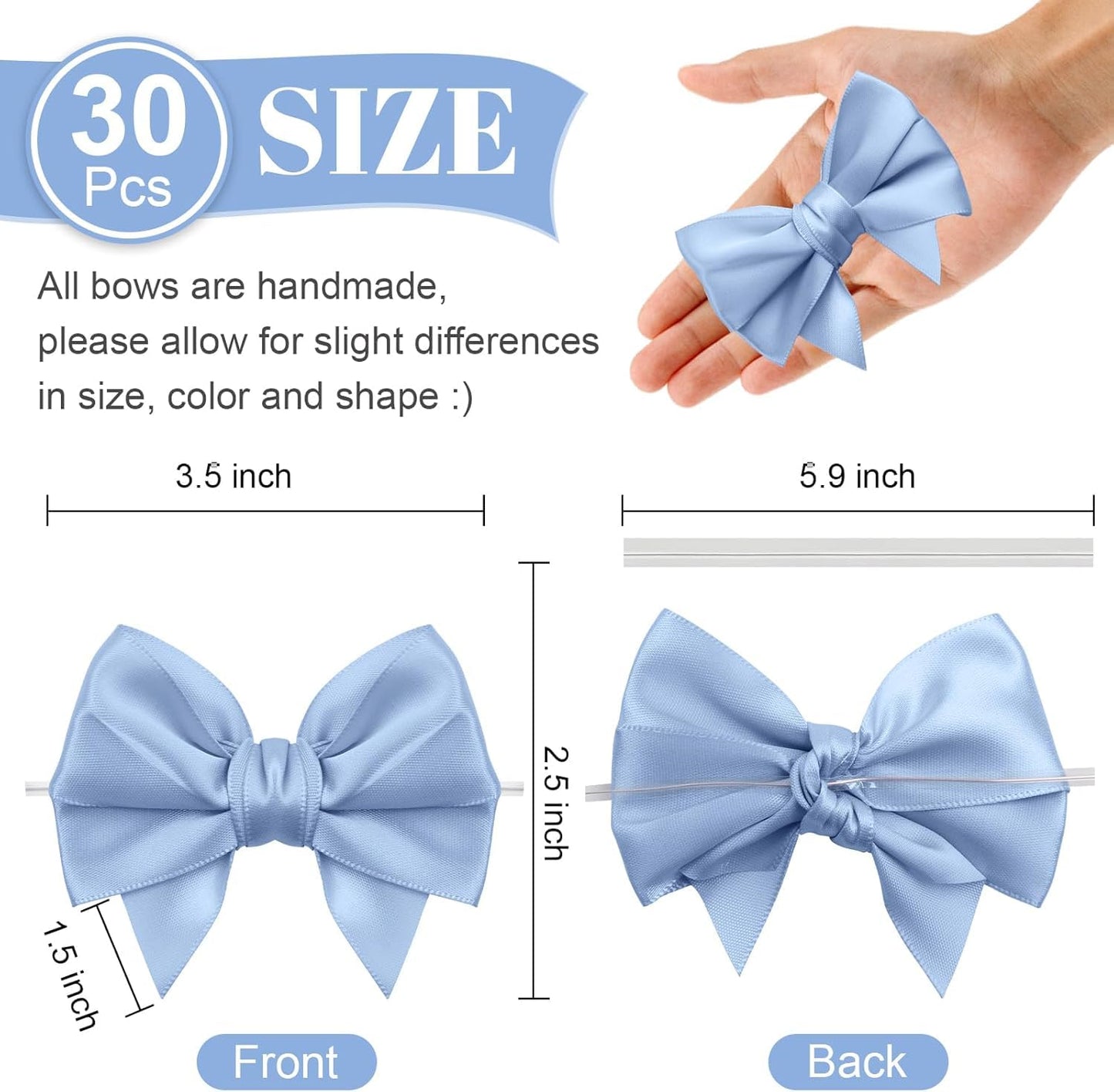 Jacriah Dusty Blue Twist Tie Bows for Treat Bags, 30 Pack 3.5 Inch Premade Satin Ribbon Bows for Gift Wrapping Crafts Party Decoration Wedding Favors Bridal Shower Christmas Tree Decor Cake Pops Candy
