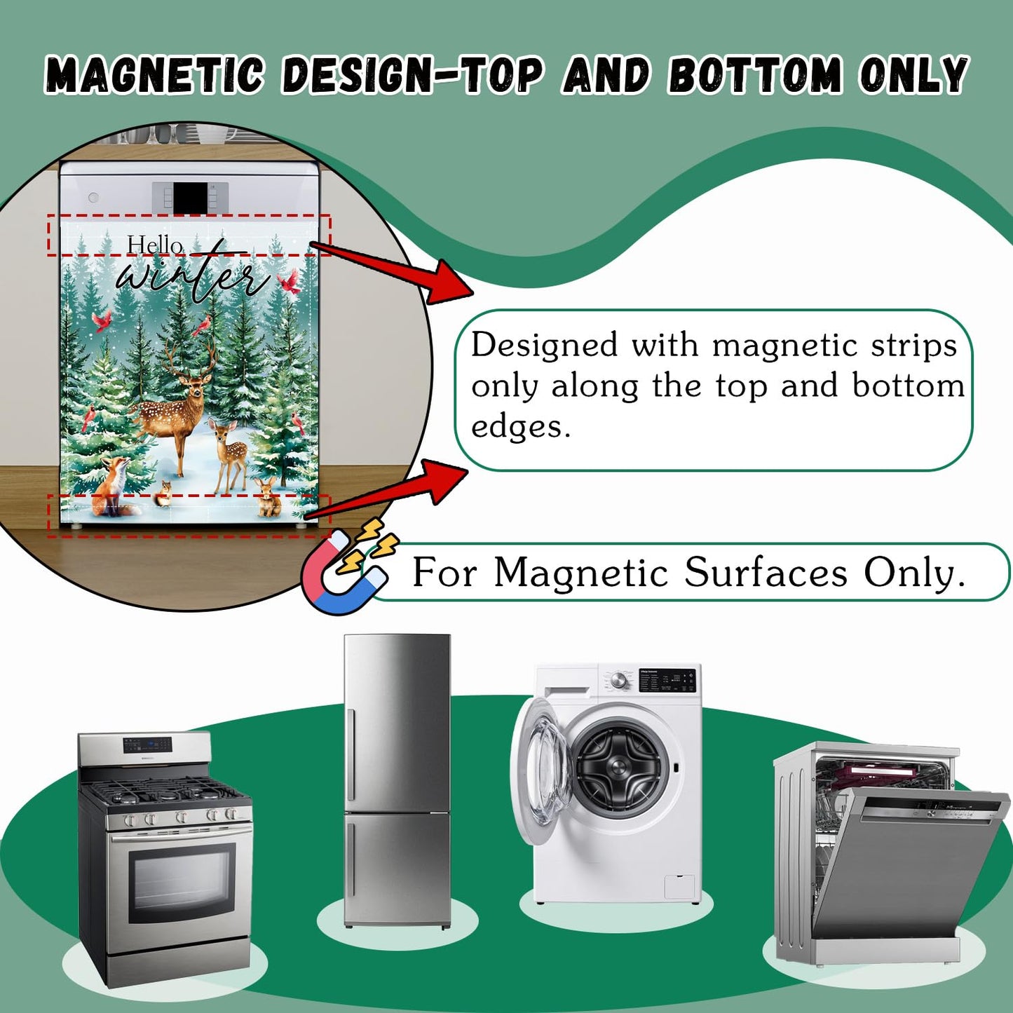 Hello Winter Dishwasher Magnet Cover 23x26in Christmas Dishwasher Cover for Washers Fridge Panel, Cardinal Bird Magnetic Covers for Kitchen, Machine Door Covers Decor, Christmas Deer Kitchen Decor