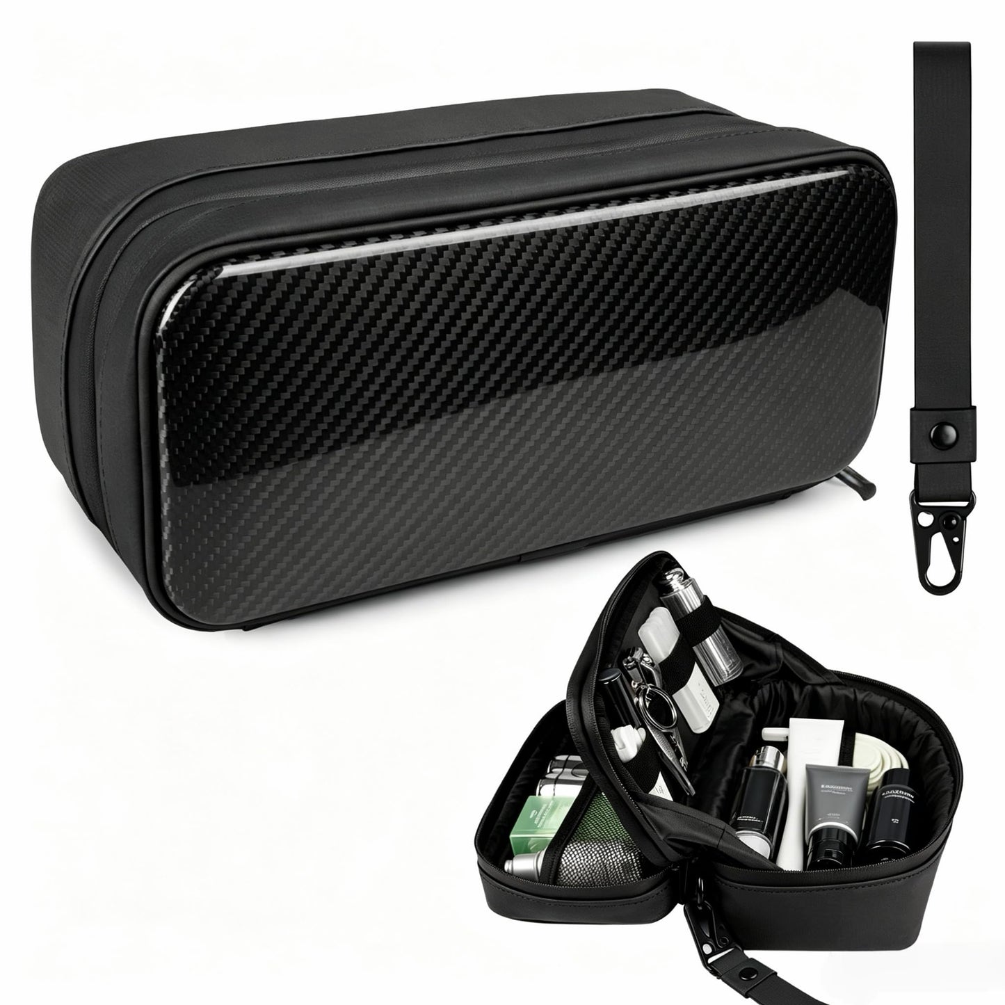 T-carbon Carbon Fiber Lightweight Men's Travel Toiletry Bag, Waterproof Protective Hard Shell Hanging Dopp Kit with Dual Pockets, Shaving Grooming Organizer, Compact Travel Essentials, Black