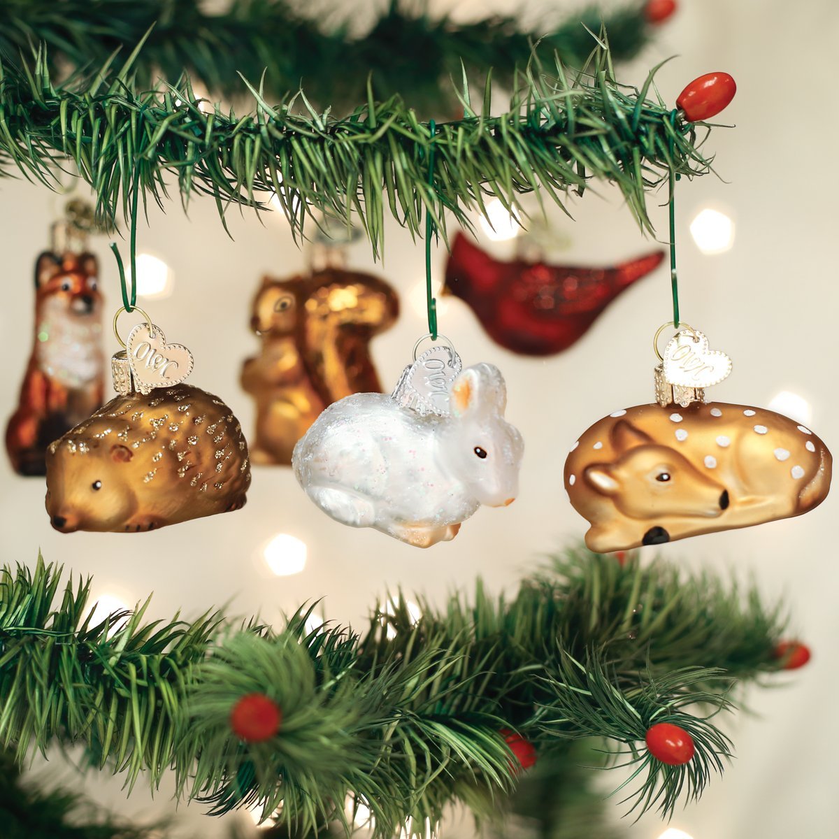Old World Christmas Mini Woodland Animal Glass Blown Ornament for Christmas Tree, Handcrafted Holiday Decoration, Set Collection (6-Piece)