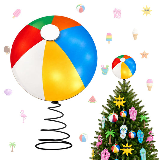 APUDWN 10 x 6.5 Inch Wood Beach Ball Tree Topper with LED Lights, Christmas in July Summer Tree Decorations for Tropical Pool Party Hawaiian Theme Battery Powered Beach Ball Holiday Decor