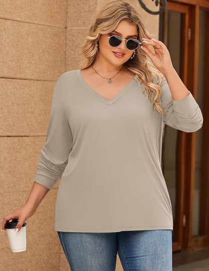 IN'VOLAND Womens Plus Size Long Sleeve Shirts V Neck Basic Tee Tops Loose Fit Fall Outfits for Women 1X-5X