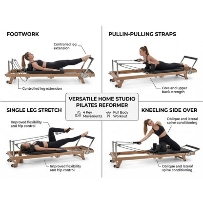 75" Foldable Pilates Reformer Machine for Home Use, Professional Stainless Steel with Wood-Grain Finish, Hybrid Resistance (Springs & Latex), Wellness Gift for Petite Women up to 5'9"